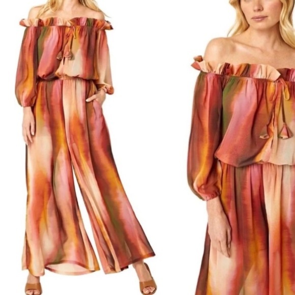 NWT MISA Los Angeles Surya Ombré Brown Orange Pantsuit Bishop Sleeves XS